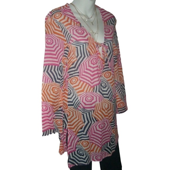 Mud Pie Cover Up Blouse Swim 60's Mod Orange Pink Boho Beach Bell Sleeves Sheer - Picture 2 of 9